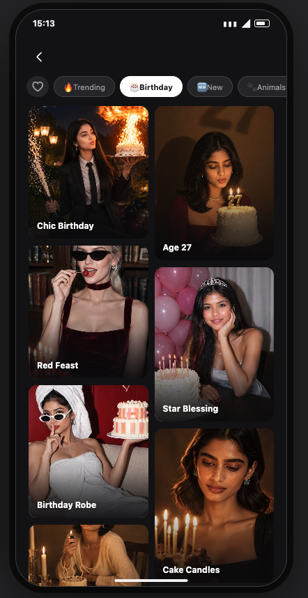 AI birthday theme templates screen